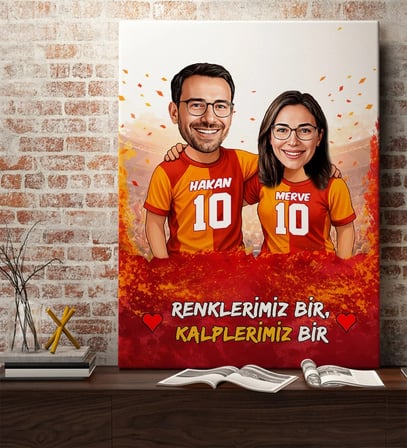 BK Gift Kişiye Özel İsimli Sarı-Kırmızı Sevgili Karikatürlü Kanvas Tablo - Ev Hediyesi, Doğum Günü Hediyesi, Taraftar Hediyesi