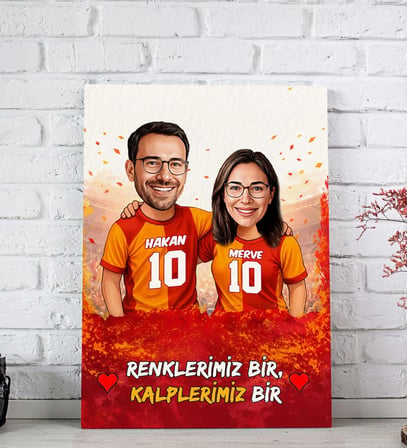 BK Gift Kişiye Özel İsimli Sarı-Kırmızı Sevgili Karikatürlü Kanvas Tablo - Ev Hediyesi, Doğum Günü Hediyesi, Taraftar Hediyesi