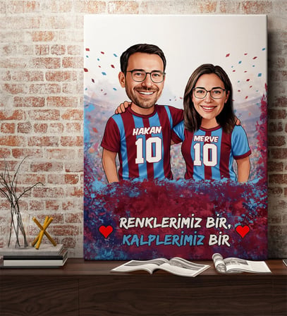BK Gift Kişiye Özel İsimli Bordo-Mavi Sevgili Karikatürlü Kanvas Tablo - Ev Hediyesi, Doğum Günü Hediyesi, Taraftar Hediyesi
