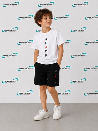 Yazlık Black Baskılı Erkek Çocuk Siyah Şort, Beyaz T-Shirt Takım