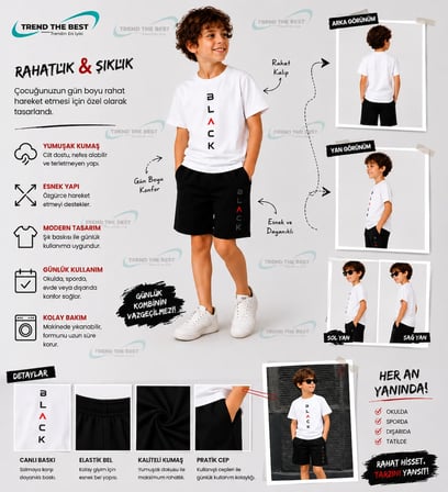 Yazlık Black Baskılı Erkek Çocuk Siyah Şort, Beyaz T-Shirt Takım