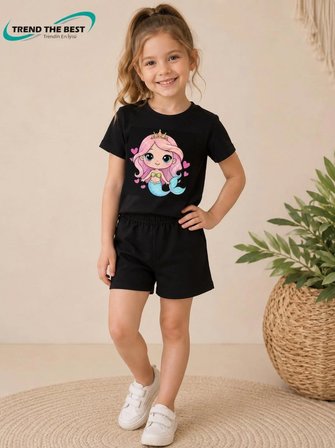 Yazlık Balık Kız Baskılı Kız Çocuk Siyah Şort, Siyah T-Shirt Takım