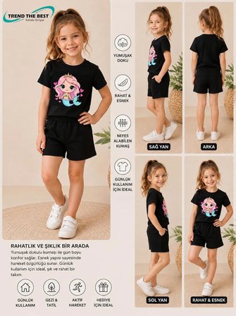 Yazlık Balık Kız Baskılı Kız Çocuk Siyah Şort, Siyah T-Shirt Takım