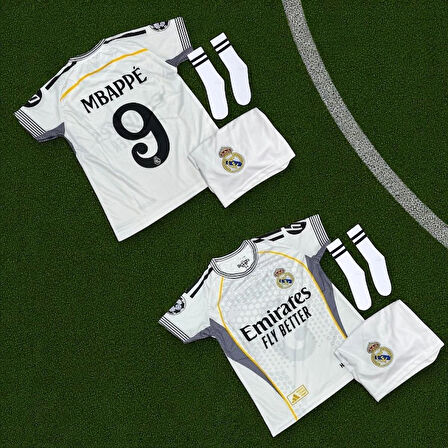 Real Madri’d Mbappe 2025/26 Sezon Çoraplı Futbol Çocuk Forması 3’lü Set