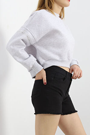 BENSU STORE Kol Detay 3 İplik Crop Sweat Gri - 12691.148.