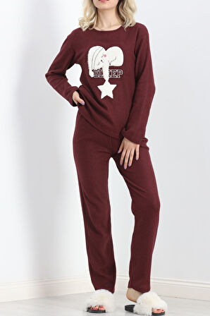 BENSU STORE Nakışlı Fitilli Pijama Takımı Bordo - 19217.1048.