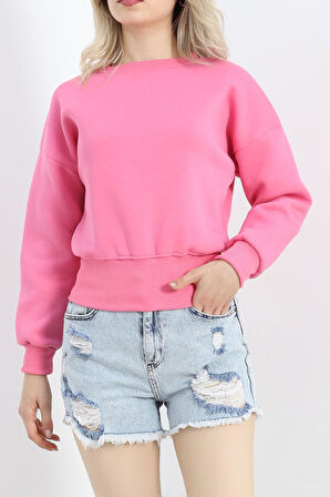 BENSU STORE Bisiklet Yaka 3 İplik Crop Sweat Pembe - 20968.1878.