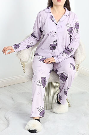 BENSU STORE Baskılı Battal Pijama Takımı Lila - 778.1287.