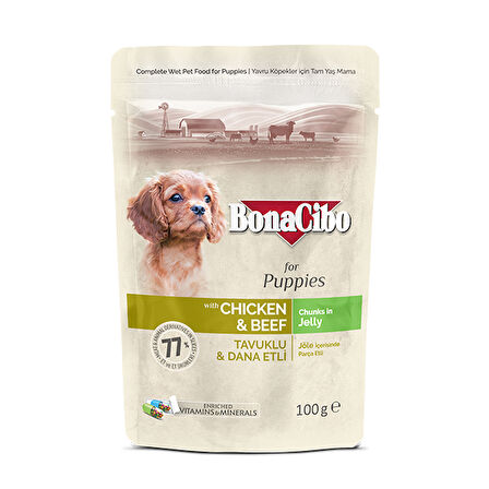 BonaCibo Jelly Tavuklu & Dana Etli Pouch Yavru Köpek Maması 12 x 100 GR
