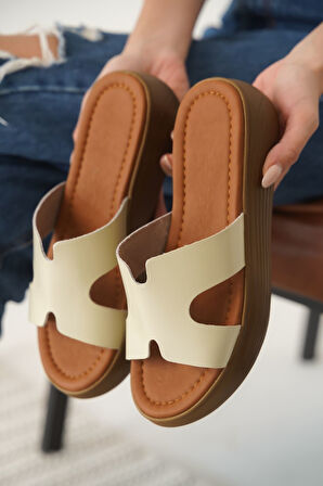 Borlina Premium Bej Hakiki Deri Terlik