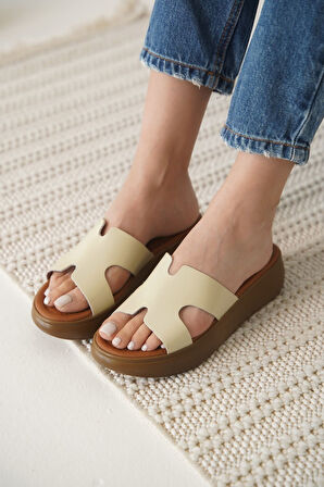 Borlina Premium Bej Hakiki Deri Terlik