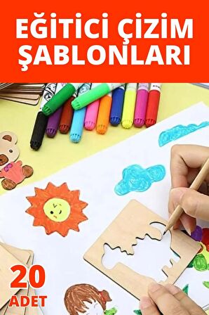 Ahşap Çizim Şablon Seti, Çocuk Ahşap Boyama 20'lik Hobi Seti, Aktarma Kalıbı, Şekil Çizim Kartları