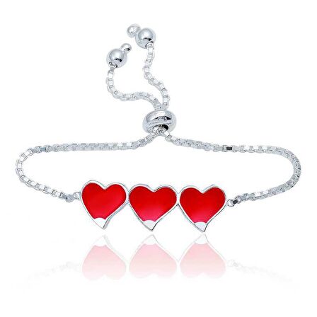 Gümüş Kırmızı Üç Kalp Çocuk Bileklik