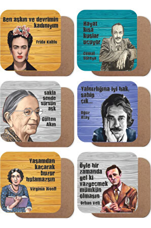 Orhan Veli, Cemal Süreya, V. Woolf, Oğuz Atay, G. Akın 6lı Ahşap Bardak Altlığı Seti