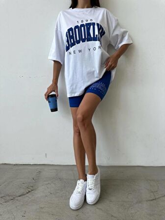 Kadın Brooklyn Beyaz Saks 2'li Oversize T-shirt Tayt Takım