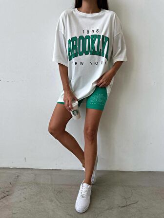 Kadın Brooklyn Beyaz Yeşil 2'li Oversize T-shirt Tayt Takım