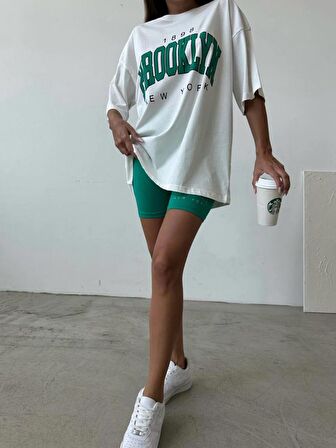 Kadın Brooklyn Beyaz Yeşil 2'li Oversize T-shirt Tayt Takım