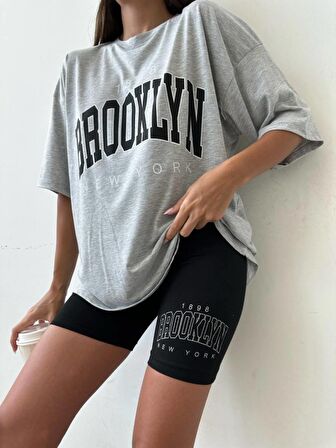 Kadın Brooklyn Gri Siyah 2'Li Oversize T-shirt Tayt Takım