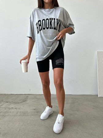 Kadın Brooklyn Gri Siyah 2'Li Oversize T-shirt Tayt Takım