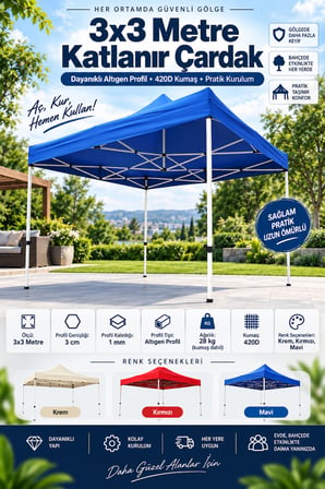 3x3 Metre Katlanır Çardak 420D Kumaş – 28 Kg Altıgen 30 mm Profil Gazebo