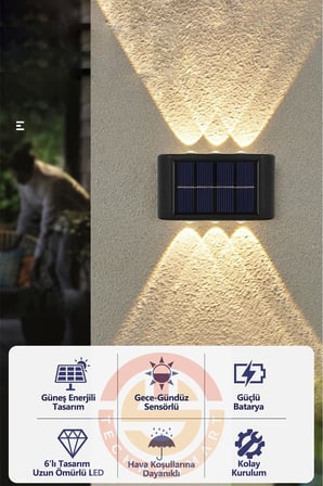 6ledli  Solar Duvar Lambası Aplik Güneş Enerji Gün Işığı 2 Li Set