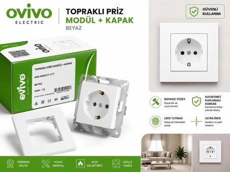 Ovivo Beyaz Topraklı Priz - Çerçeve Dahil