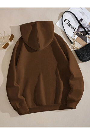 3 Iplik Kalın Pofuduk Brooklyn Kahverengi Unisex Kanguru Cepli Kapüşonlu Sweatshirt Hoodie | L