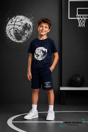 Yazlık Basketbol Dünya Baskılı Erkek Çocuk Lacivert Şort, Lacivert T-Shirt Takım