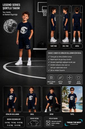 Yazlık Basketbol Dünya Baskılı Erkek Çocuk Lacivert Şort, Lacivert T-Shirt Takım