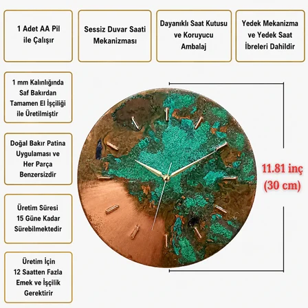 Copper Empire Yağmurdan Sonraki İlk Başlangıç El Yapımı Bakır Duvar Saati 30 cm Patinalı Dekoratif Sessiz Saat