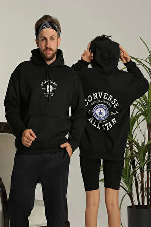 Erkek Sırt Baskılı Oversize Üç İplik Kapüşonlu Hoodie Sweatshirt - Siyah