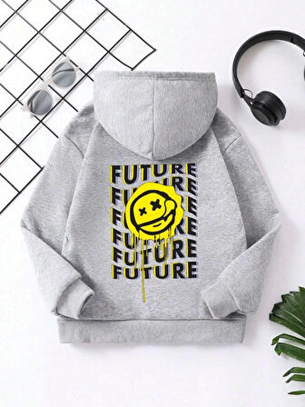 Çocuk Unisex Kapüşonlu Emoji Baskılı Sweatshirt - Gri