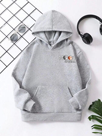 Çocuk Unisex Kapüşonlu Ön ve Arka Moon Special Baskılı Sweatshirt - Gri