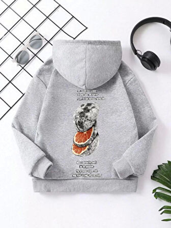 Çocuk Unisex Kapüşonlu Ön ve Arka Moon Special Baskılı Sweatshirt - Gri