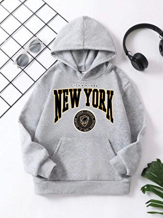 Çocuk Unisex Kapüşonlu Sarı New York Baskılı Pamuklu Sweatshirt - Gri