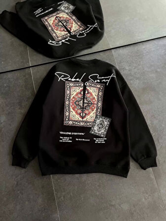 Kadın Bisiklet Yaka Baskılı SweatShirt - Siyah