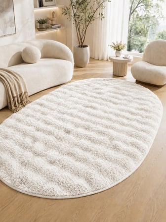 OVAL Bubble Ultra Soft Puffy Kaymaz Taban Peluş Tavşan Tüyü Halı Beyaz