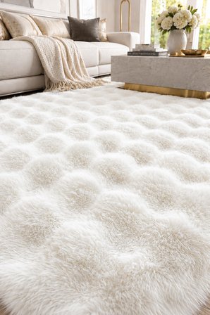 OVAL Bubble Ultra Soft Puffy Kaymaz Taban Peluş Tavşan Tüyü Halı Beyaz