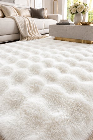 OVAL Bubble Ultra Soft Puffy Kaymaz Taban Peluş Tavşan Tüyü Halı Beyaz
