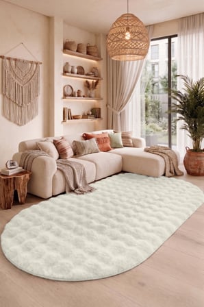OVAL Bubble Ultra Soft Puffy Kaymaz Taban Peluş Tavşan Tüyü Halı Beyaz