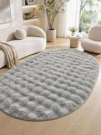 OVAL Bubble Ultra Soft Puffy Kaymaz Taban Peluş Tavşan Tüyü Halı Gri