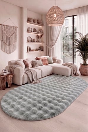 OVAL Bubble Ultra Soft Puffy Kaymaz Taban Peluş Tavşan Tüyü Halı Gri