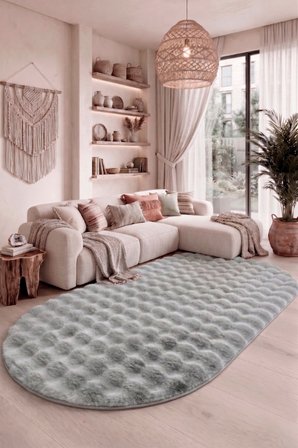 OVAL Bubble Ultra Soft Puffy Kaymaz Taban Peluş Tavşan Tüyü Halı Gri