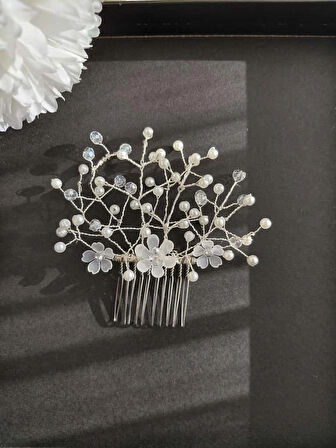 İnci ve Taş Detaylı Üç Çiçekli Gelin Saçı Tarağı – Tarak Tasarım Toka –Özel Gün Tokası, Düğün Tokası