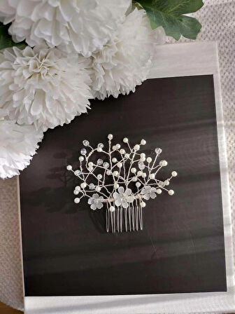 İnci ve Taş Detaylı Üç Çiçekli Gelin Saçı Tarağı – Tarak Tasarım Toka –Özel Gün Tokası, Düğün Tokası