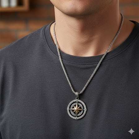 925 Ayar Gümüş Çift Taraflı Pusula Kolye Erkek Minimalist Compass Kolye Uzun Zincirli Şık Erkek Takı Hediye