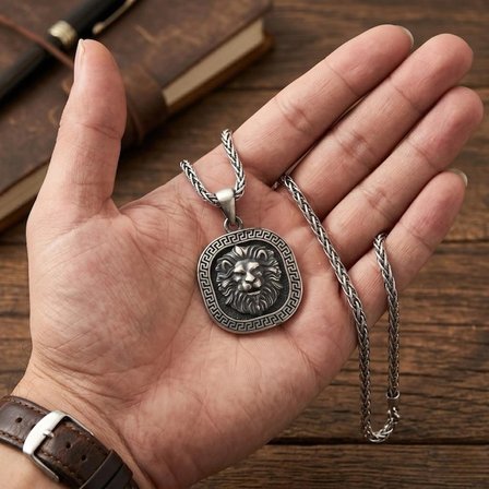 Buğrahayalin Aslan Başı Madalyon Kolye 925 Ayar Gümüş Erkek Kolyesi Silver Zincirli Şık Tasarım