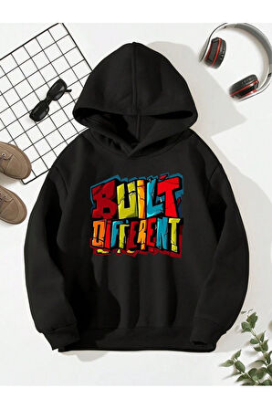 Built Different Baskılı Unisex Siyah Kanguru Cepli Kapüşonlu Sweatshirt Hoodie | M