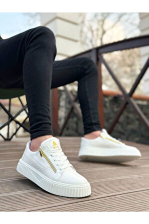 Kalın Yüksek Tabanlı Çift Fermuarlı Beyaz Günlük Sneaker Spor Ayakkabı