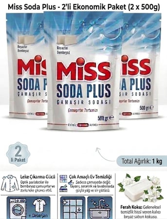 Miss Soda Plus Optik Etkili Beyaz Sabunlu El ve Matik Çamaşır Sodası 2×500GR